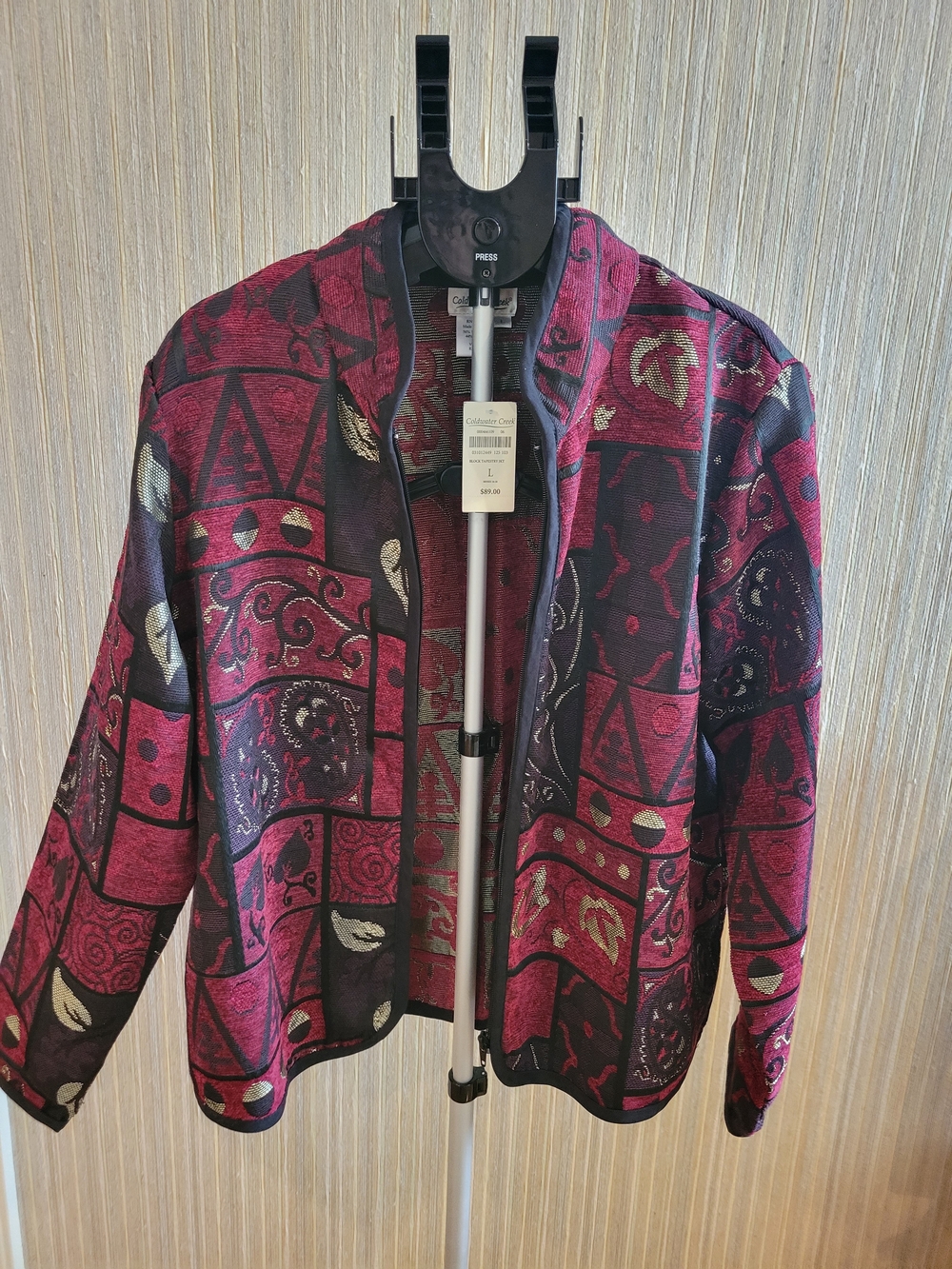 Coldwater Creek Women’s Block Pattern Zip Jacket - Burgundy/Black NWT Large